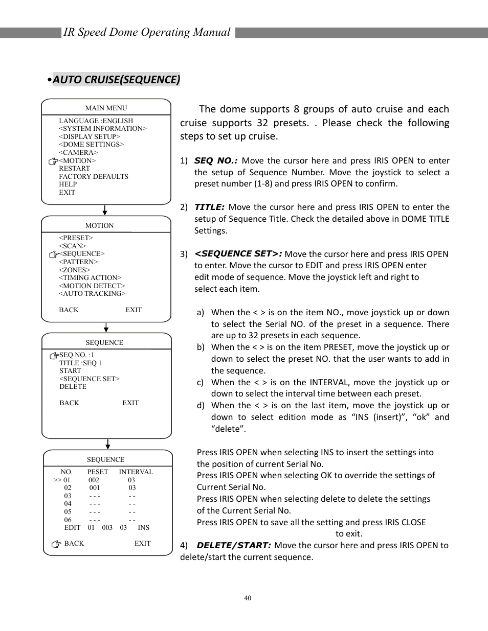 Ir speed dome operating manual, Auto cruise(sequence) | COP-USA CD55NV-IR35YK User Manual | Page 41 / 51