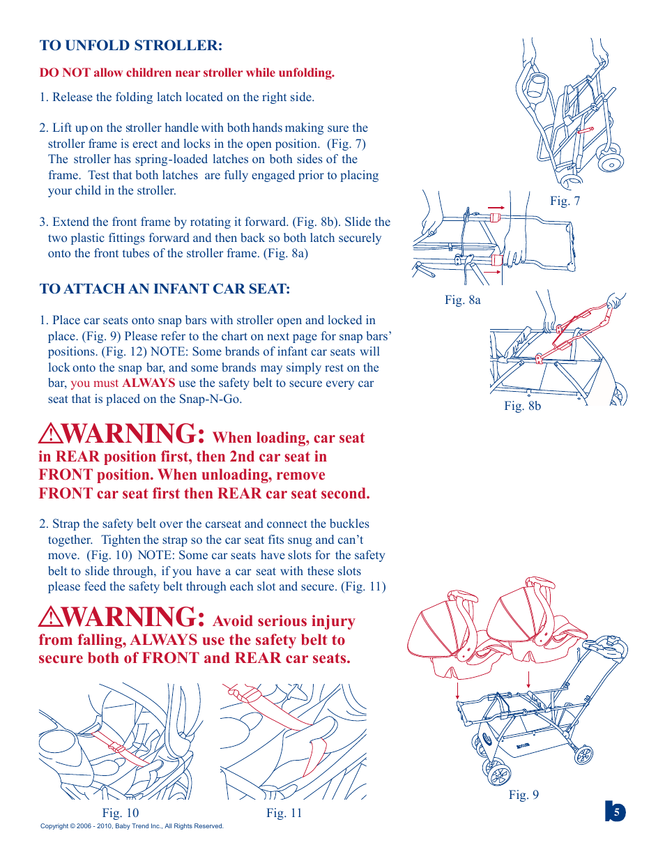 Warning | Baby Trend DOUBLE SNAP N GO 1305TW User Manual | Page 5 / 6