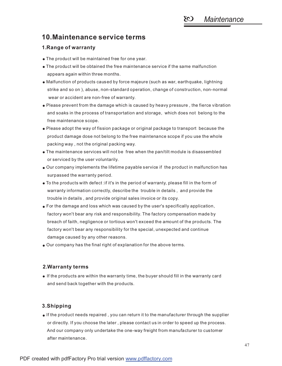 Maintenance, Maintenance service terms, Range of warranty 2.warranty terms 3.shipping | COP-USA CD58NV-MTS18 User Manual | Page 50 / 50