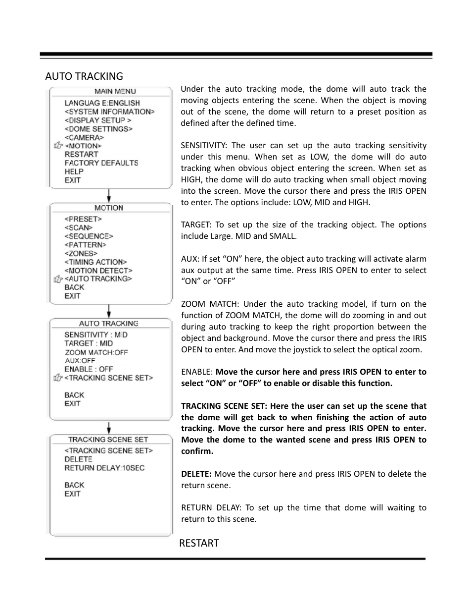 Auto tracking, Restart | COP-USA CD59NV-IR35YK User Manual | Page 53 / 55