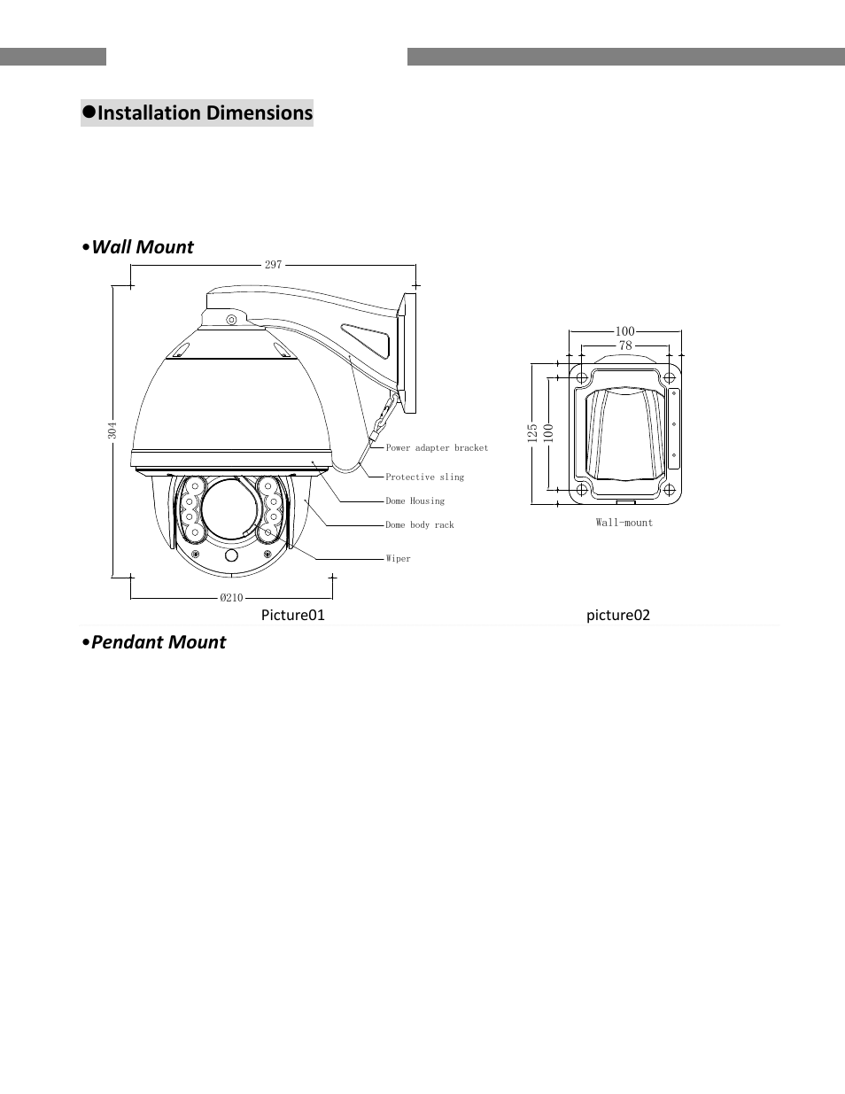 Installation dimensions, Ir speed dome operating manual, Wall mount | Pendant mount | COP-USA CD59NV-IRWP User Manual | Page 9 / 52