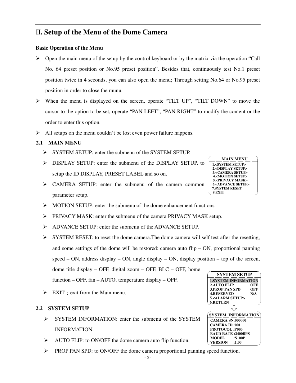 Ii . setup of the menu of the dome camera | COP-USA CD66MK-HW User Manual | Page 8 / 32