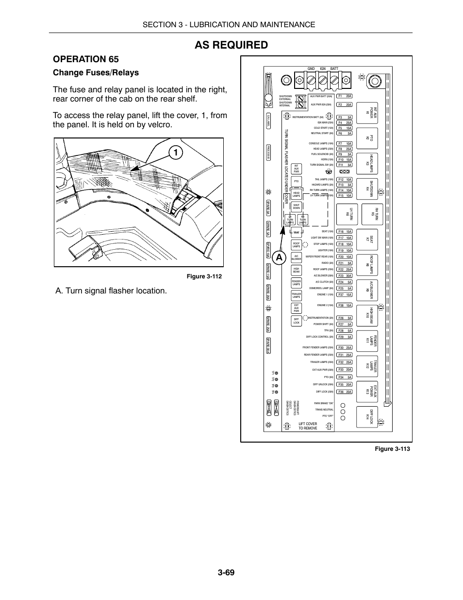 As required, Operation 65, A. turn signal flasher location | Figure 3-112, Figure 3-113 | Buhler 2425 User Manual | Page 293 / 380