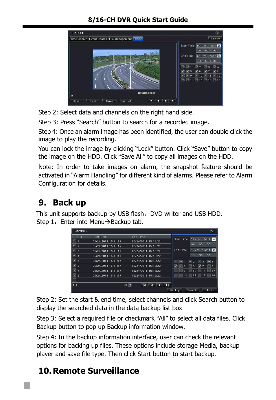 Back up, Remote surveillance | COP-USA DVR2716XD-L User Manual | Page 116 / 118