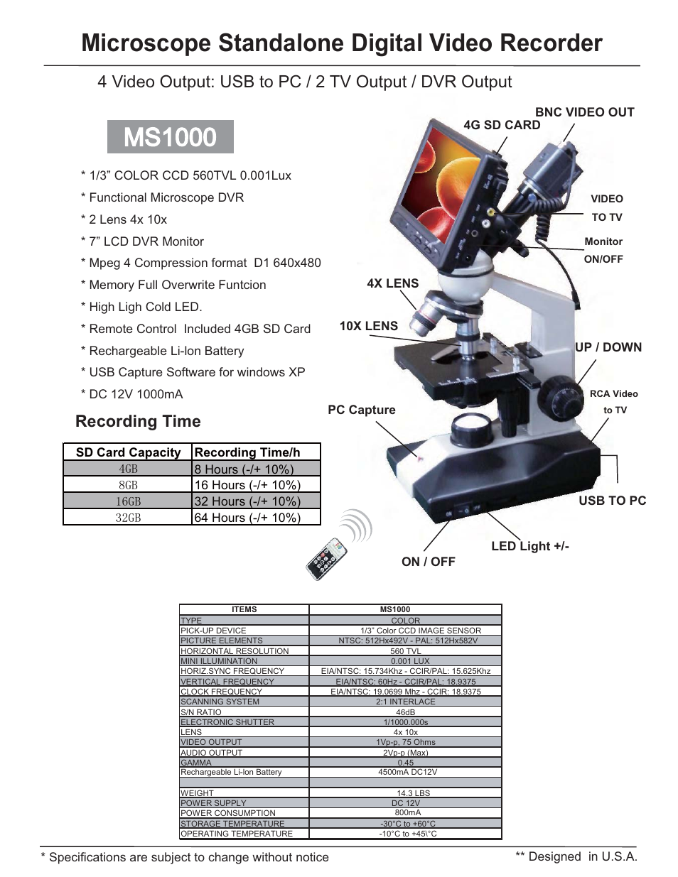 Ms1000, Microscope standalone digital video recorder, Recording time | COP-USA MS1000 User Manual | Page 2 / 21