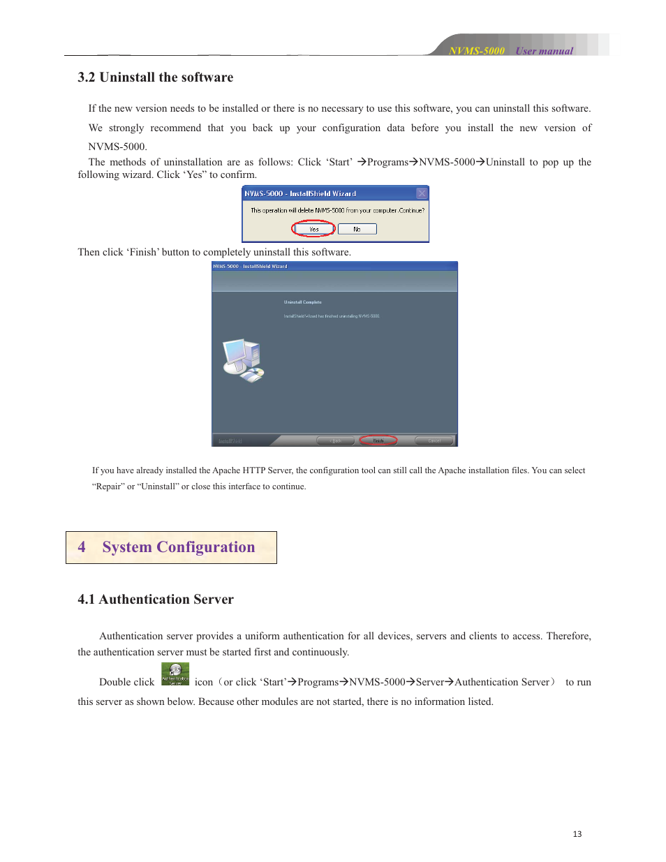 4 system configuration, 2 uninstall the software, 1 authentication server | COP-USA NVMS 5000 User Manual | Page 13 / 72