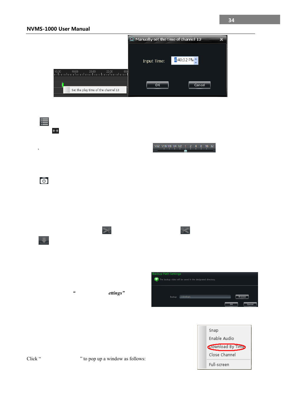 Playback by searching event, Snap when playback, Clip and backup record | Backup path configuration, Download record by time search, 2 snap when playback, 3 clip and backup record, 4 download record by time search | COP-USA NVMS 1000 User Manual | Page 37 / 55
