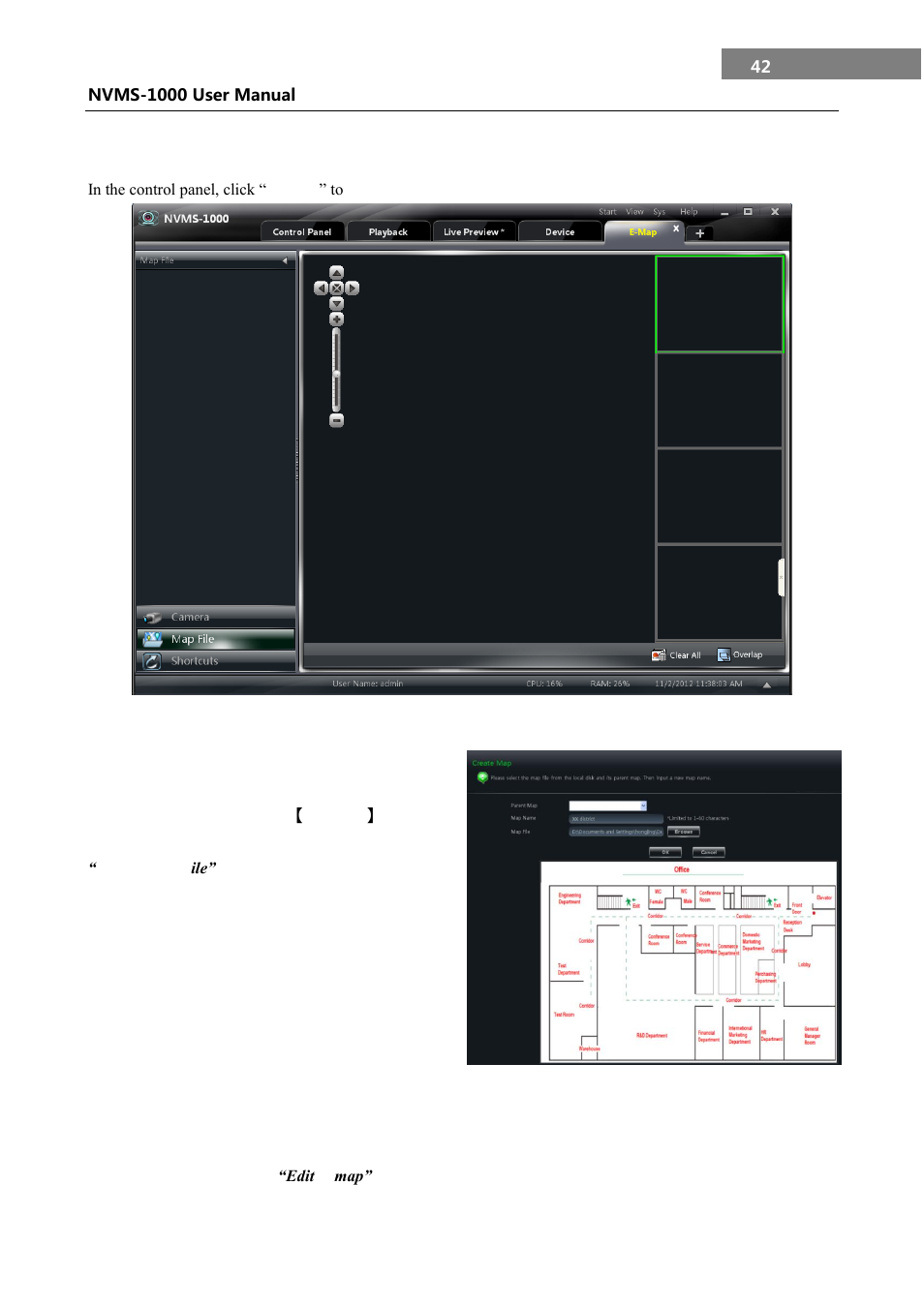 E-map, Create map, Modify or delete map, hotspot and hotzone | 9 e-map, 1 create map, 2 modify or delete map, hotspot and hotzone | COP-USA NVMS 1000 User Manual | Page 45 / 55