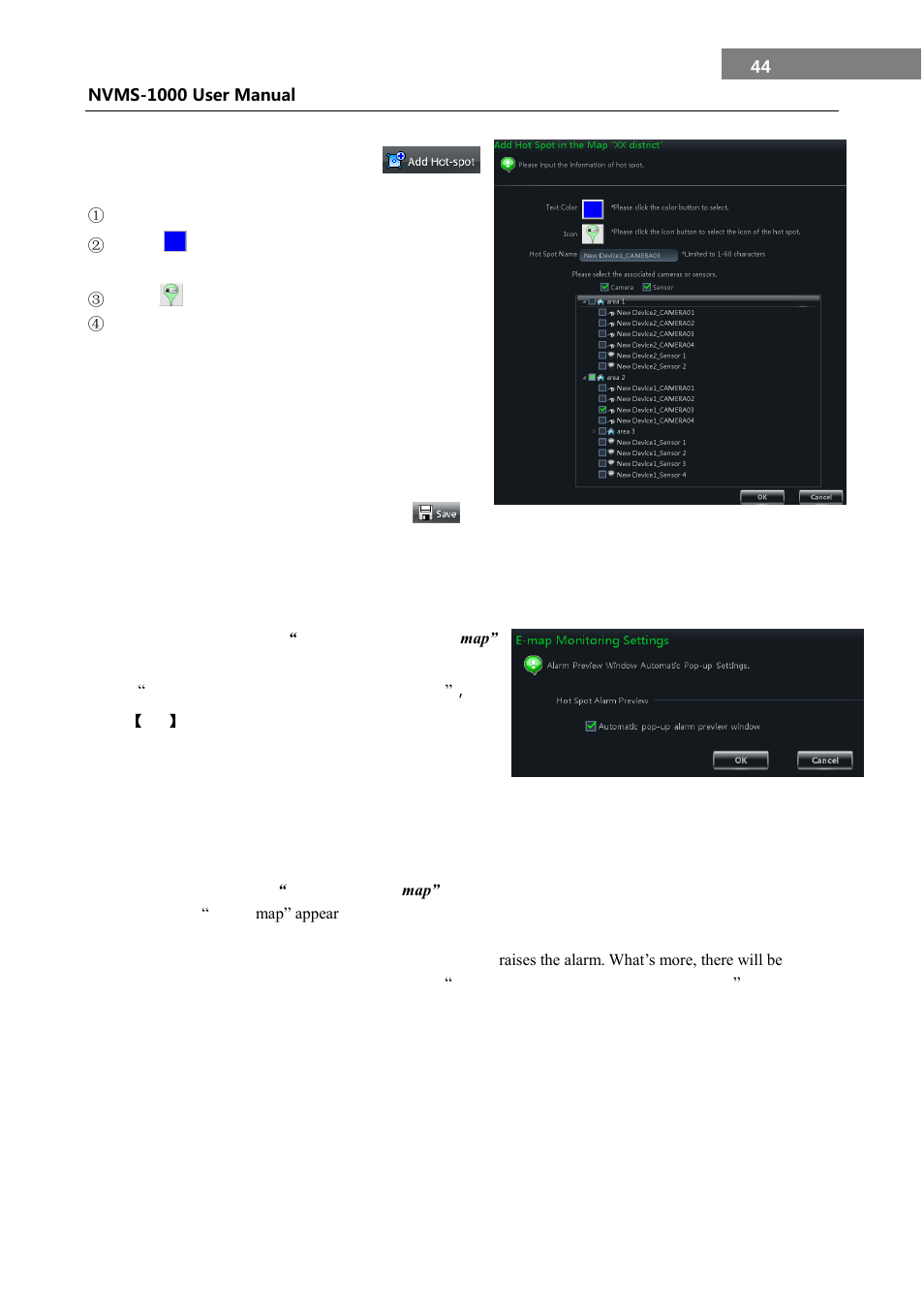 Add, change and delete hotspot, E-map monitoring settings, E-map live preview | 3 e-map monitoring settings, 4 e-map live preview | COP-USA NVMS 1000 User Manual | Page 47 / 55
