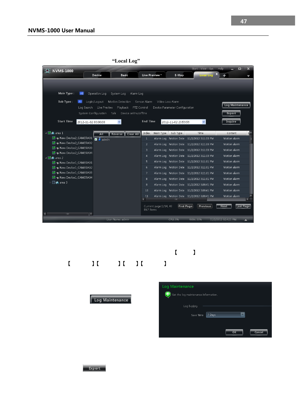 Local log, Search log, Log maintenance | Export, 10 local log, 1 search log, 2 log maintenance, 3 export | COP-USA NVMS 1000 User Manual | Page 50 / 55