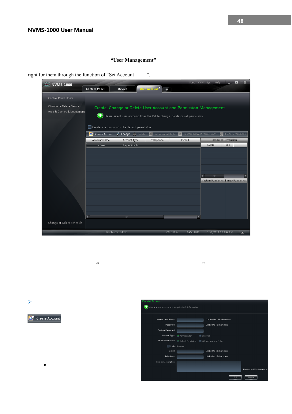 User management, Create a resource with the default permission, Create, change and delete users | 11 user management, 1 create a resource with the default permission, 2 create, change and delete users | COP-USA NVMS 1000 User Manual | Page 51 / 55