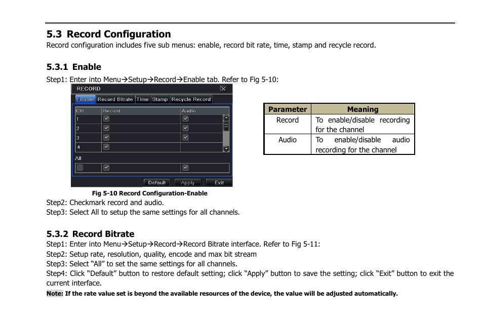 3 record configuration, 1 enable, 2 record bitrate | COP-USA NVR2816NE-L User Manual | Page 29 / 91