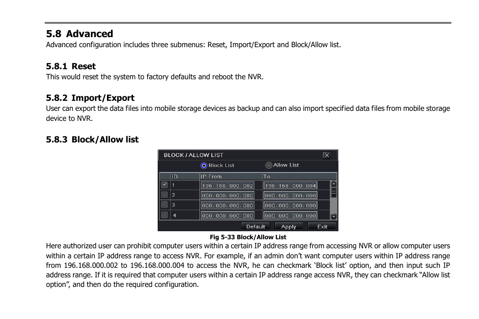 8 advanced, 1 reset, 2 import/export | 3 block/allow list | COP-USA NVR2816NE-L User Manual | Page 43 / 91