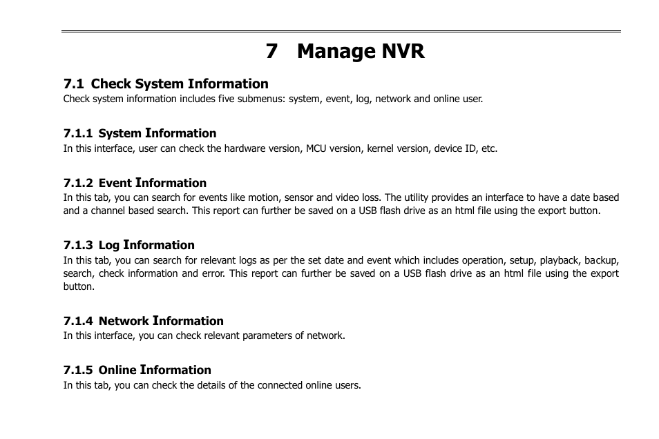 7 manage nvr, 1 check system information, 1 system information | 2 event information, 3 log information, 4 network information, 5 online information | COP-USA NVR2816NE-L User Manual | Page 48 / 91
