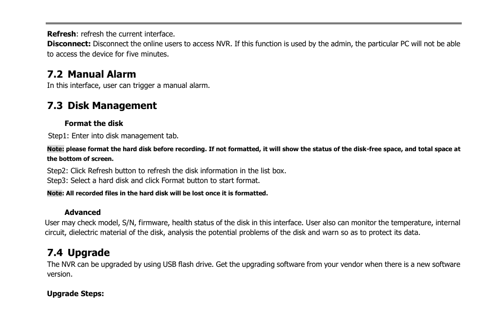 2 manual alarm, 3 disk management, 4 upgrade | COP-USA NVR2816NE-L User Manual | Page 49 / 91