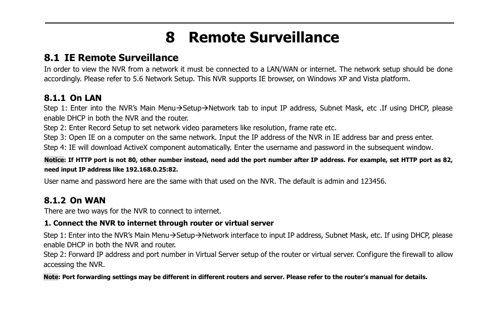 8 remote surveillance, 1 ie remote surveillance, 1 on lan | 2 on wan | COP-USA NVR2816NE-L User Manual | Page 51 / 91