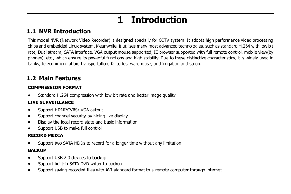 1 introduction, 1 nvr introduction, 2 main features | COP-USA NVR2816NE-L User Manual | Page 7 / 91