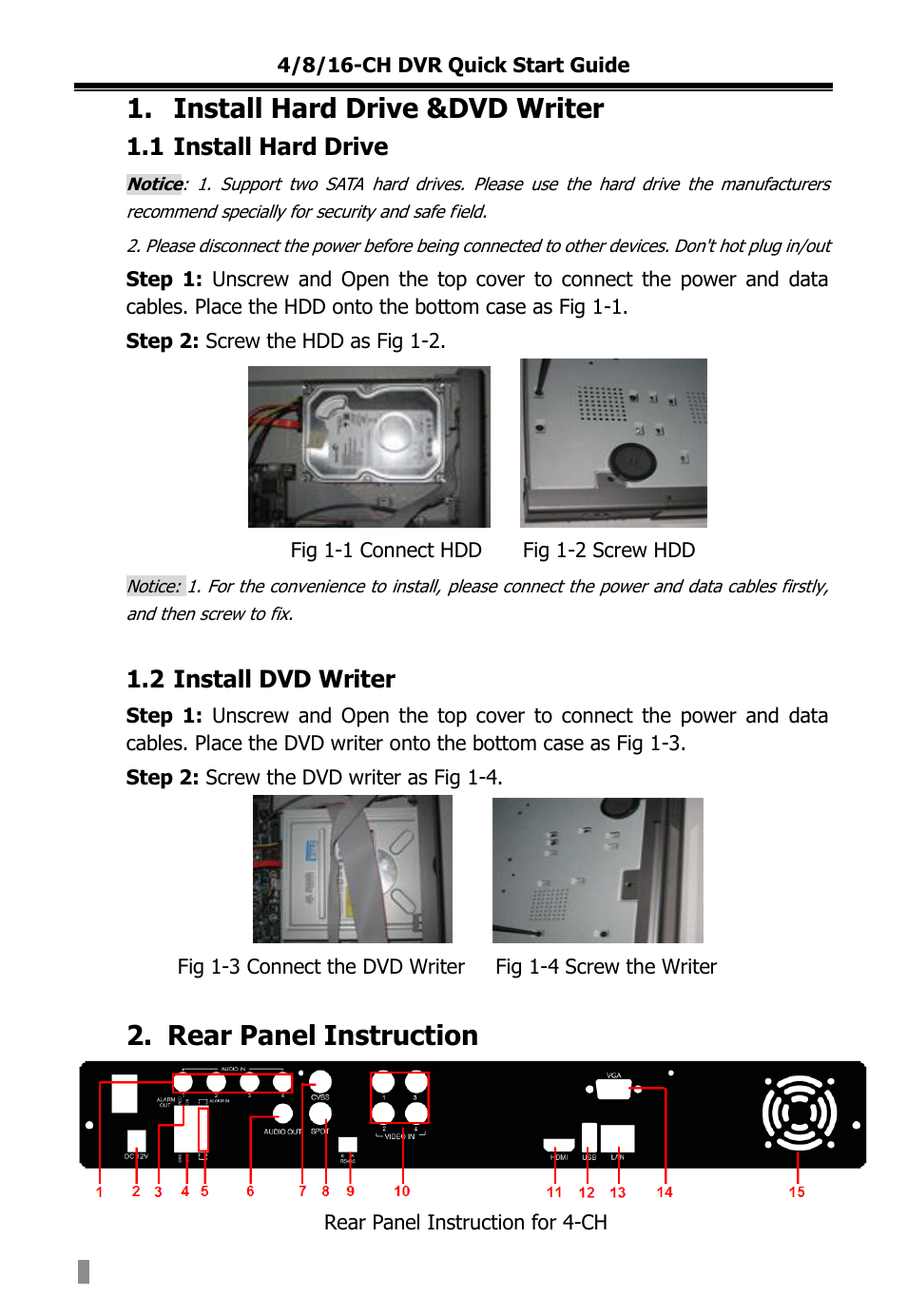 Install hard drive &dvd writer, Rear panel instruction | COP-USA DVR16HEC-960 User Manual | Page 112 / 124