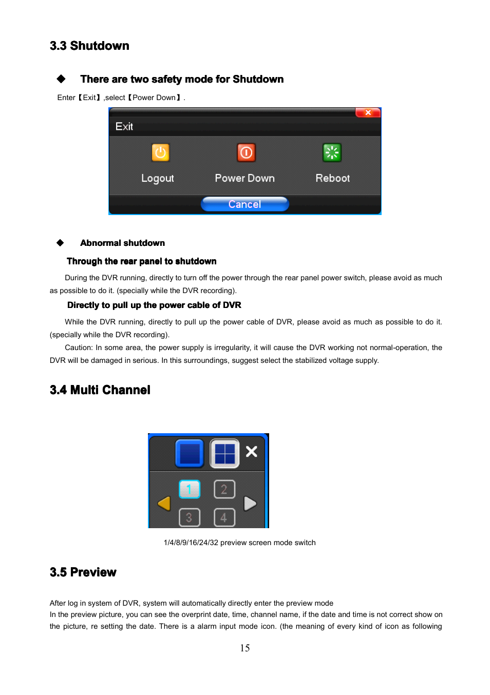 3shutdown, 4multichannel, 5preview | 3 shutdown, 4 multi channel, 5 preview, 5 3.5 preview preview preview preview | COP-USA PKG-DVR04 User Manual | Page 15 / 82