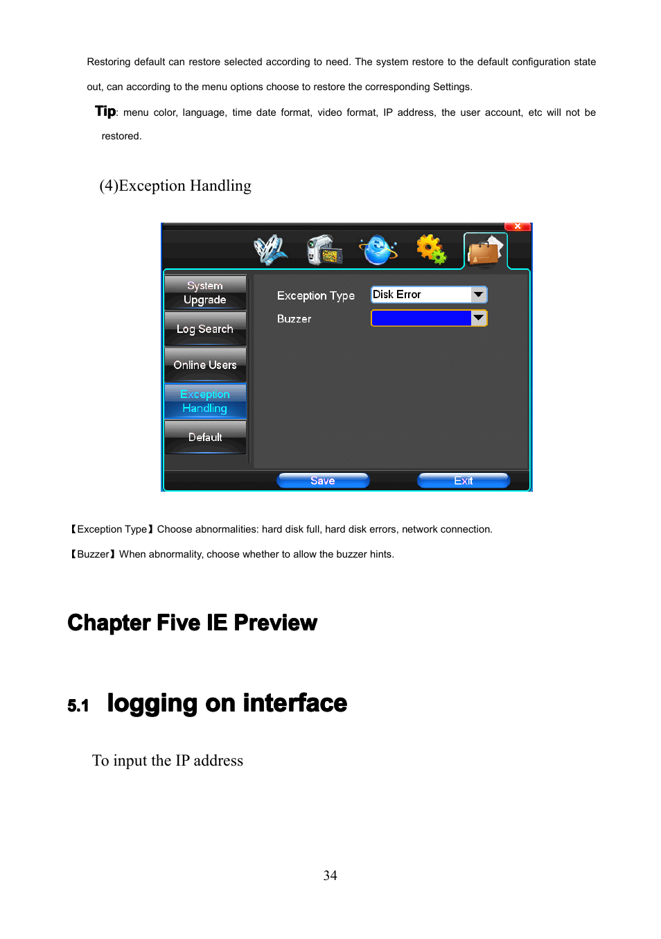 Chapterfiveiepreview, Loggingoninterface, Chapter | Chapter five, Five, Five ie, Ie preview, Preview, 1 logging on interface, Logging | COP-USA PKG-DVR04 User Manual | Page 34 / 82