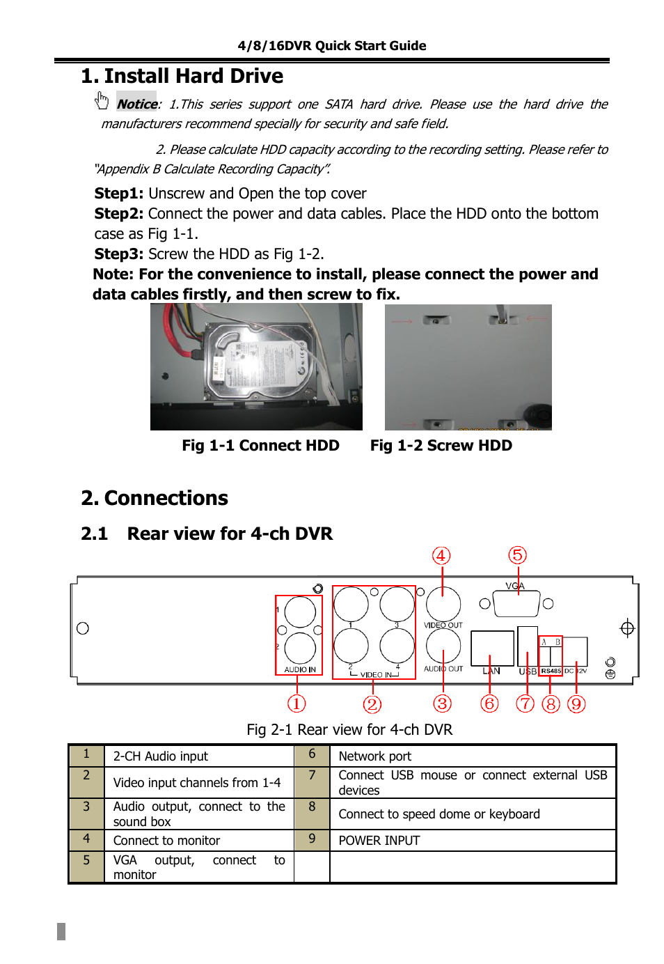 Install hard drive, Connections | COP-USA DVR2308SE-SL User Manual | Page 111 / 120
