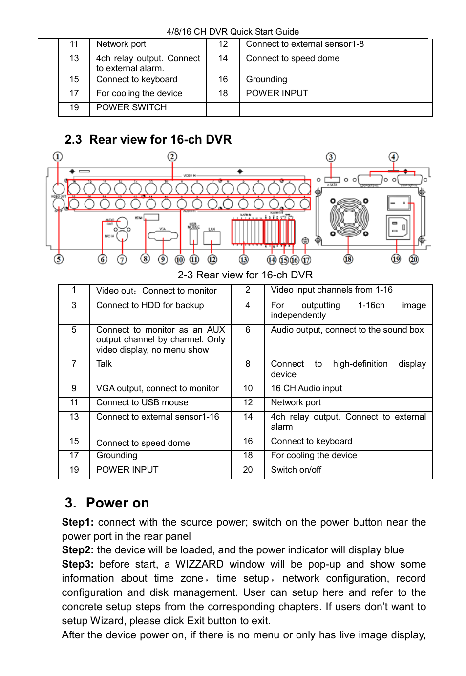 Power on, 3 rear view for 16-ch dvr | COP-USA DVRHD-16D1-HDMI User Manual | Page 117 / 124
