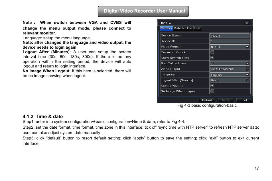 Language: setup the menu language, Fig 4-3 basic configuration-basic, Time & date | 2 time & date | COP-USA DVRHD-16D1-HDMI User Manual | Page 23 / 124