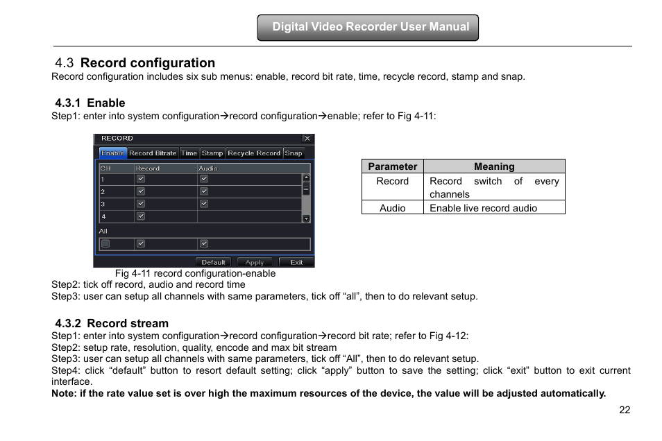 Record configuration, Enable, Step2: tick off record, audio and record time | Record stream, Meaning, Parameter, Record switch of every channels, Record, Enable live record audio, Audio | COP-USA DVRHD-16D1-HDMI User Manual | Page 28 / 124