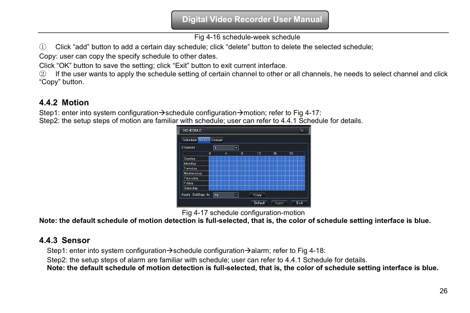Fig 4-16 schedule-week schedule, Motion, Sensor | 2 motion, 3 sensor | COP-USA DVRHD-16D1-HDMI User Manual | Page 32 / 124