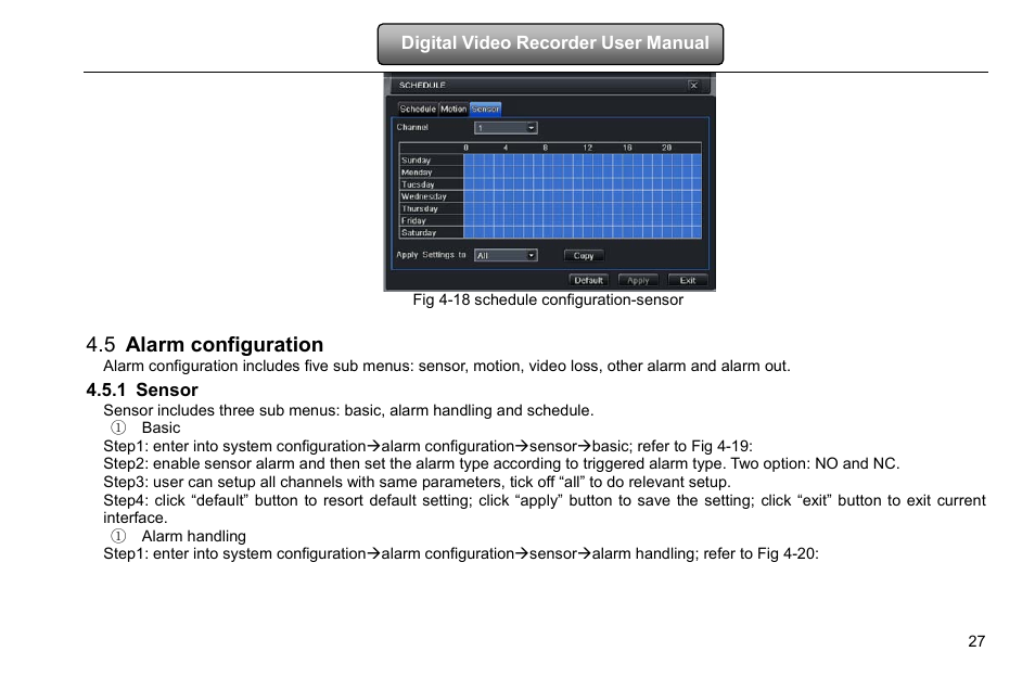 Alarm configuration, Sensor, 5 alarm configuration | 1 sensor | COP-USA DVRHD-16D1-HDMI User Manual | Page 33 / 124