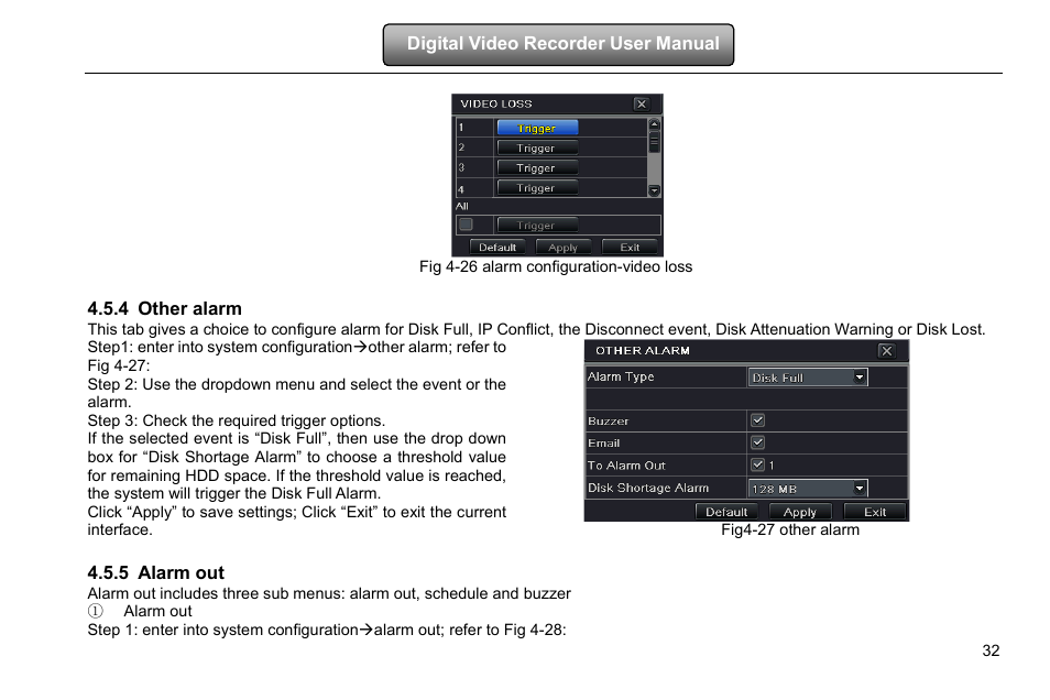 Other alarm, Alarm out, 4 other alarm | 5 alarm out | COP-USA DVRHD-16D1-HDMI User Manual | Page 38 / 124