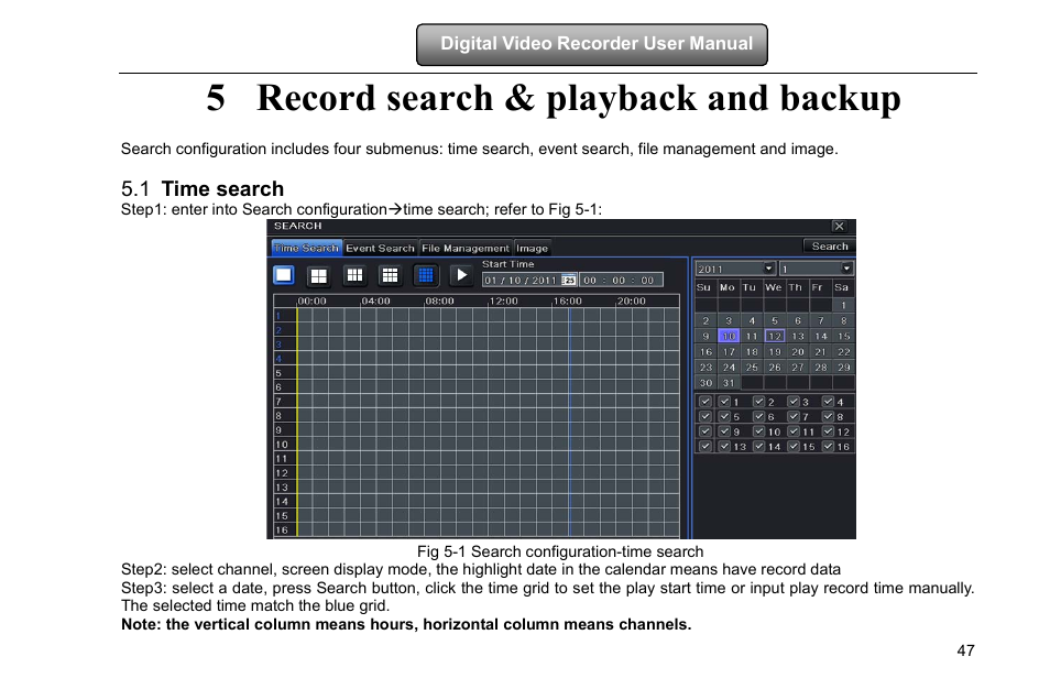 Record search & playback and backup, Time search, 5 record search & playback and backup | 1 time search | COP-USA DVRHD-16D1-HDMI User Manual | Page 53 / 124
