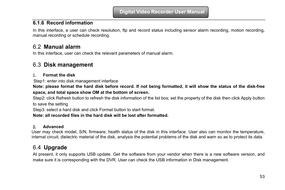 Record information, Manual alarm, Disk management | Format the disk, Step1: enter into disk management interface, Advanced, Upgrade, 6 record information, 2 manual alarm, 3 disk management | COP-USA DVRHD-16D1-HDMI User Manual | Page 59 / 124
