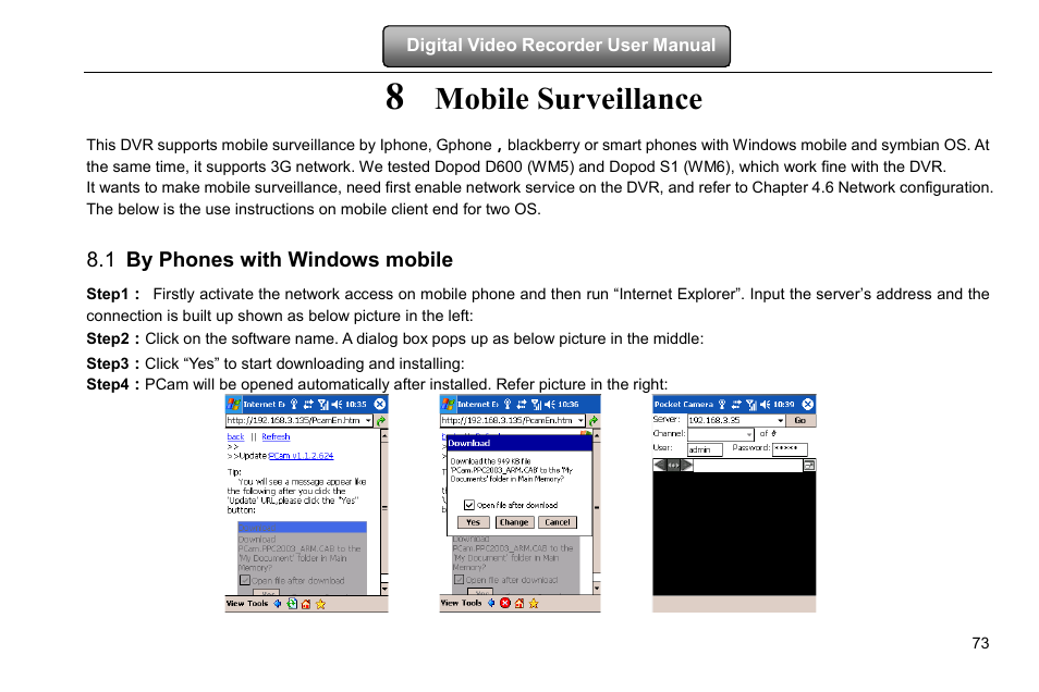 Mobile surveillance, By phones with windows mobile, 8 mobile surveillance | 1 by phones with windows mobile | COP-USA DVRHD-16D1-HDMI User Manual | Page 79 / 124