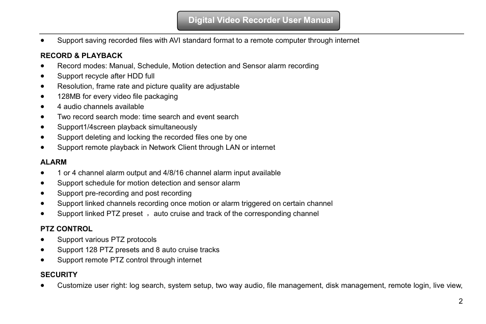 Record & playback, Alarm, Ptz control | Security | COP-USA DVRHD-16D1-HDMI User Manual | Page 8 / 124