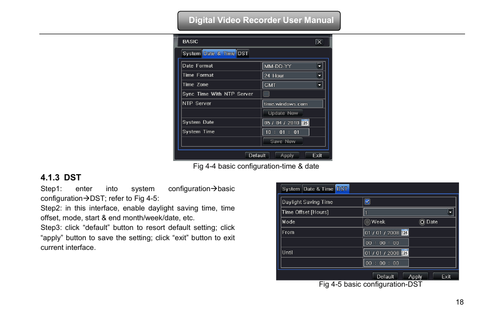 Fig 4-4 basic configuration-time & date, Fig 4-5 basic configuration-dst, 3 dst | COP-USA DVRHD-8D1 User Manual | Page 24 / 124