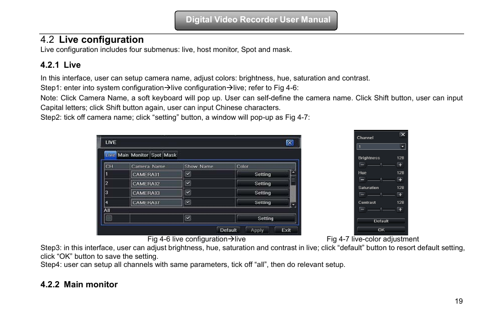 Live configuration, Live, Main monitor | 2 live configuration, 1 live, 2 main monitor | COP-USA DVRHD-8D1 User Manual | Page 25 / 124