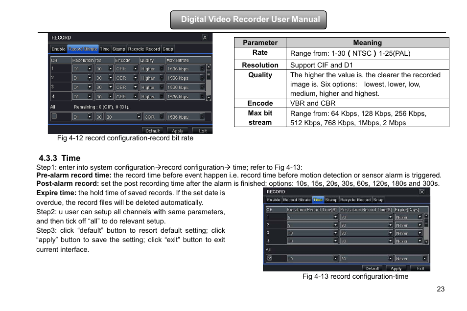 Fig 4-12 record configuration-record bit rate, Time, Fig 4-13 record configuration-time | 3 time | COP-USA DVRHD-8D1 User Manual | Page 29 / 124
