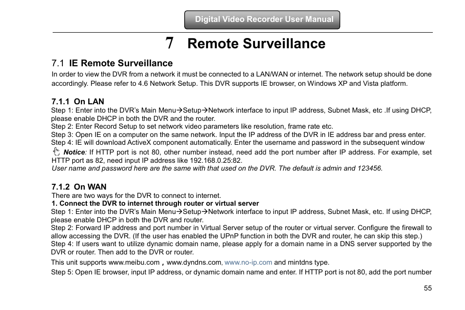 Remote surveillance, Ie remote surveillance, On lan | On wan, 7 remote surveillance, 1 ie remote surveillance, 1 on lan, 2 on wan | COP-USA DVRHD-8D1 User Manual | Page 61 / 124