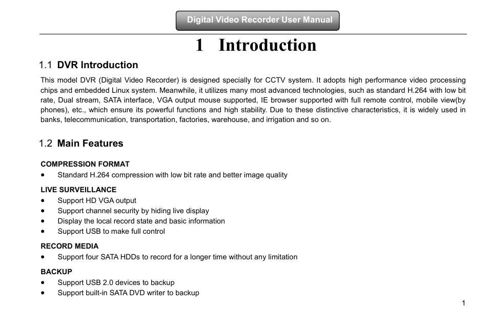 Introduction, Dvr introduction, Main features | Compression format, Live surveillance, Record media, Backup, 1 introduction, 1 dvr introduction, 2 main features | COP-USA DVRHD-8D1 User Manual | Page 7 / 124