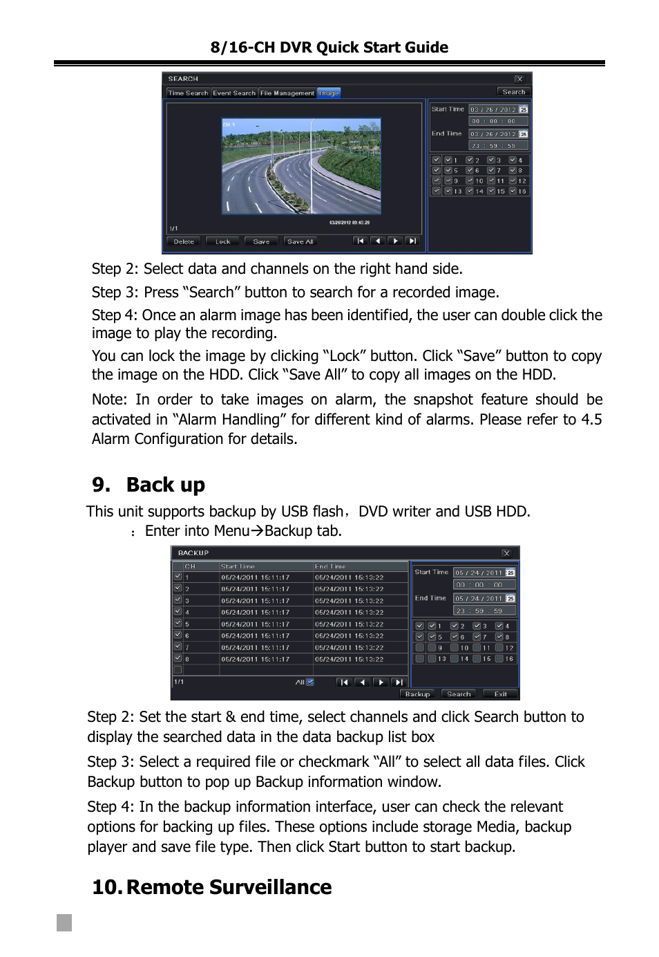 Back up, Remote surveillance | COP-USA DVRC264-16ME-A User Manual | Page 120 / 122