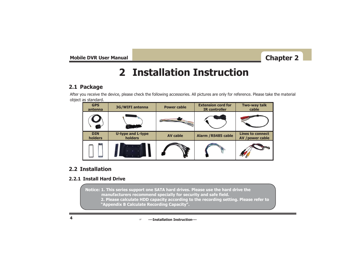 2 installation instruction, Chapter 2, 1 package | 2 installation | COP-USA DVR5104DE-HWDWF User Manual | Page 10 / 81