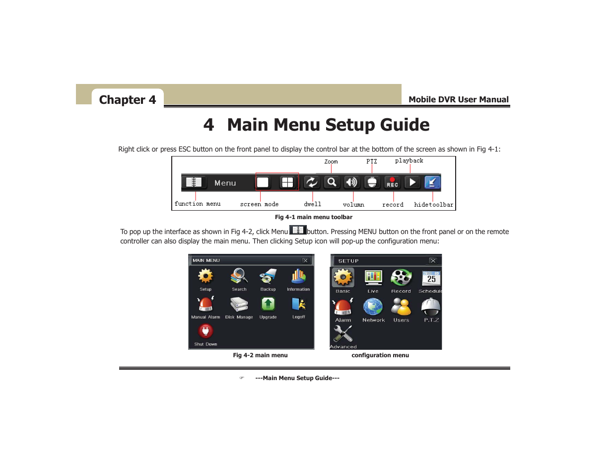 4 main menu setup guide, Chapter 4 | COP-USA DVR5104DE-HWDWF User Manual | Page 25 / 81