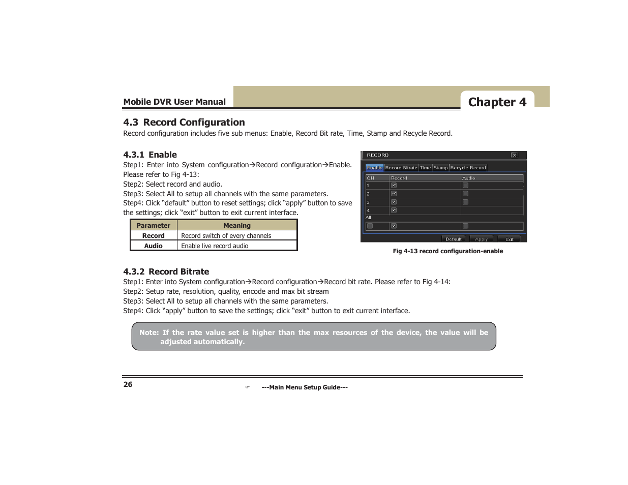 Chapter 4, 3 record configuration | COP-USA DVR5104DE-HWDWF User Manual | Page 32 / 81