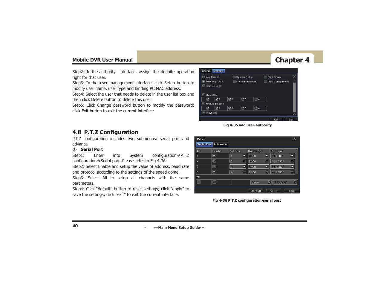 Chapter 4, 8 p.t.z configuration | COP-USA DVR5104DE-HWDWF User Manual | Page 46 / 81