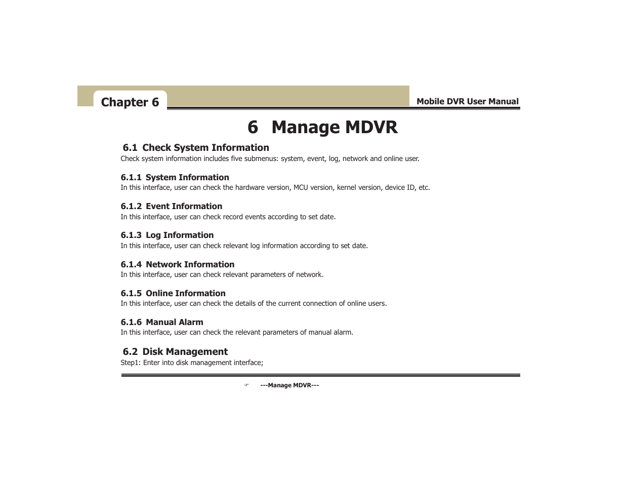 6 manage mdvr, Chapter 6 | COP-USA DVR5104DE-HWDWF User Manual | Page 55 / 81