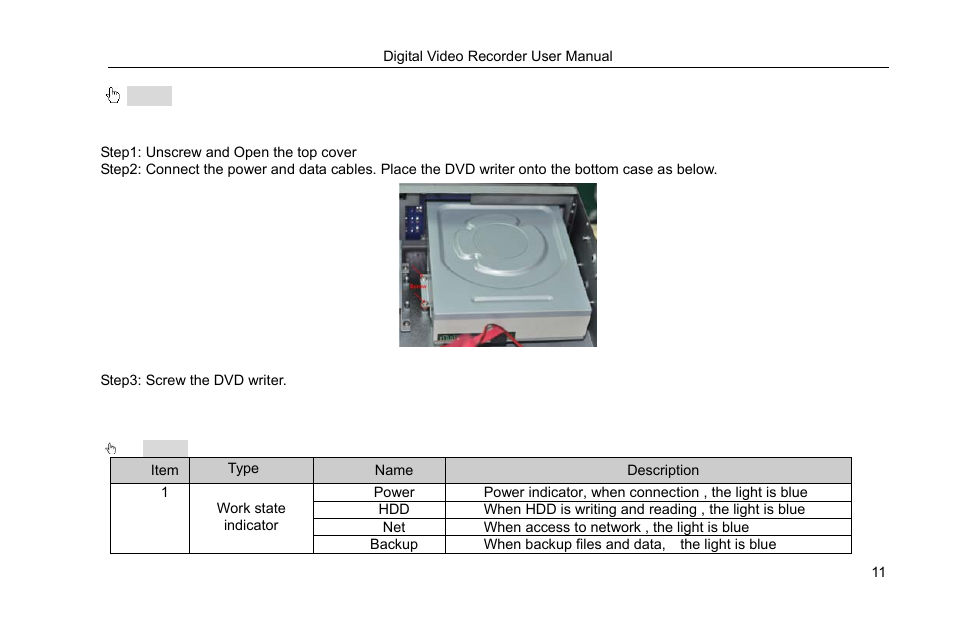 2 install dvd writer, Step1: unscrew and open the top cover, Step3: screw the dvd writer | 2 front panel descriptions | COP-USA DVRHRT-16MD User Manual | Page 11 / 137