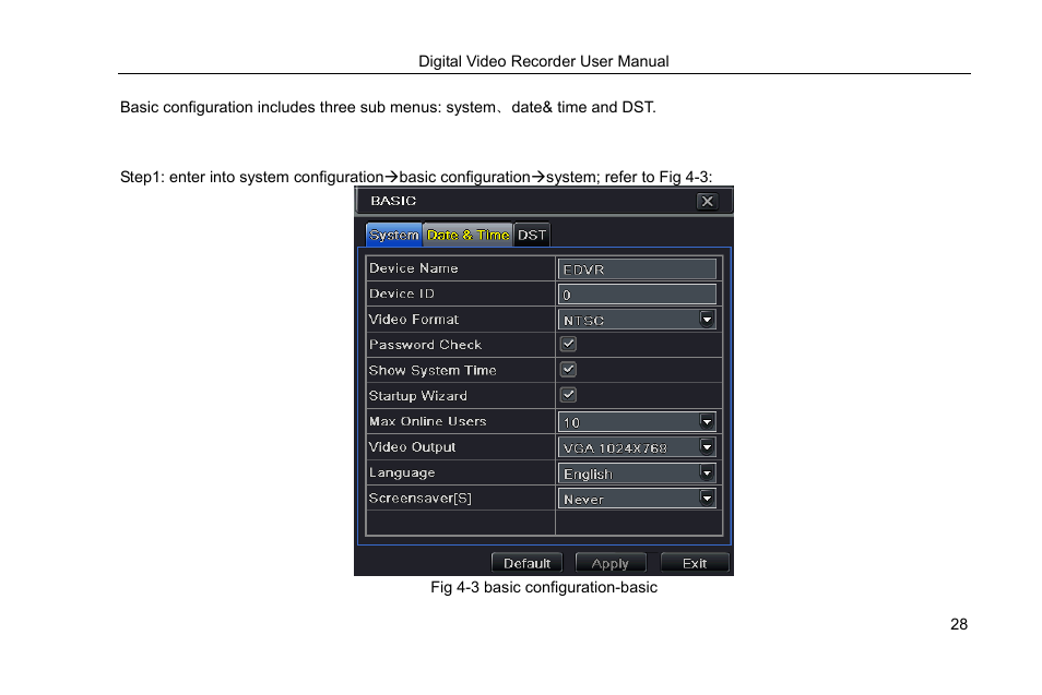 1 basic configuration, 1 system, Fig 4-3 basic configuration-basic | COP-USA DVRHRT-16MD User Manual | Page 28 / 137