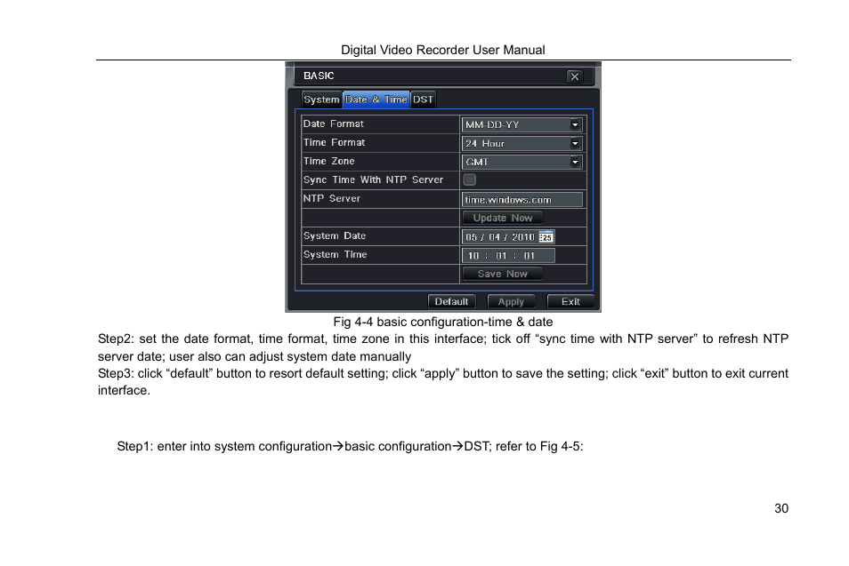 Fig 4-4 basic configuration-time & date, 3 dst | COP-USA DVRHRT-16MD User Manual | Page 30 / 137