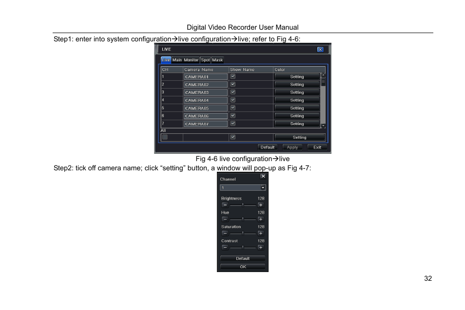 Fig 4-6 live configuration(live | COP-USA DVRHRT-16MD User Manual | Page 32 / 137